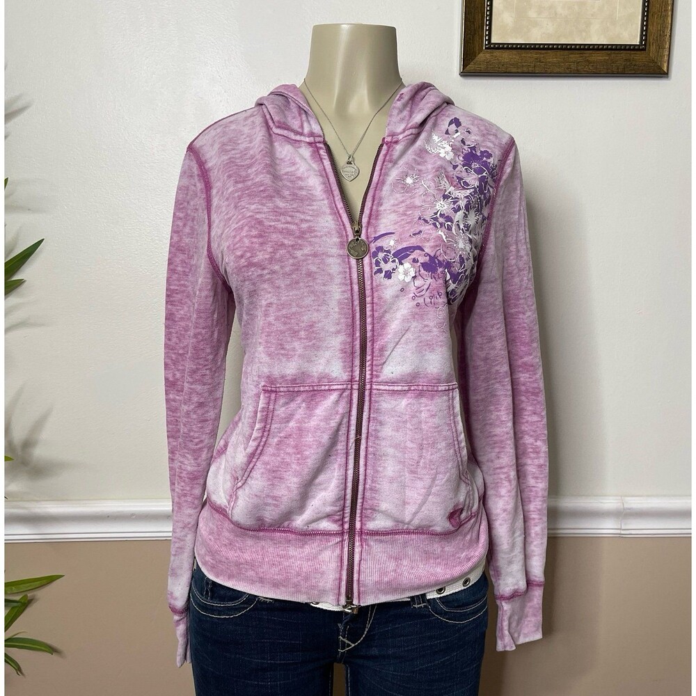 Free Planet Women’s Y2K Vintage Grunge Purple Floral Butterfly Zip-Up Hoodie
